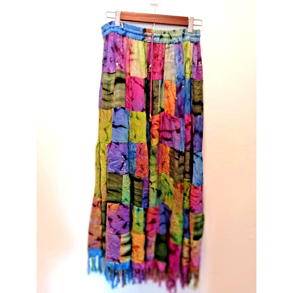 Vintage Patchwork Rayon Boho Midi Skirt Fringe Hem Elastic Waist India Free Size